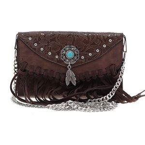 Brown Leather Tassle Western Crossbody Chain Strap Vintage Purse